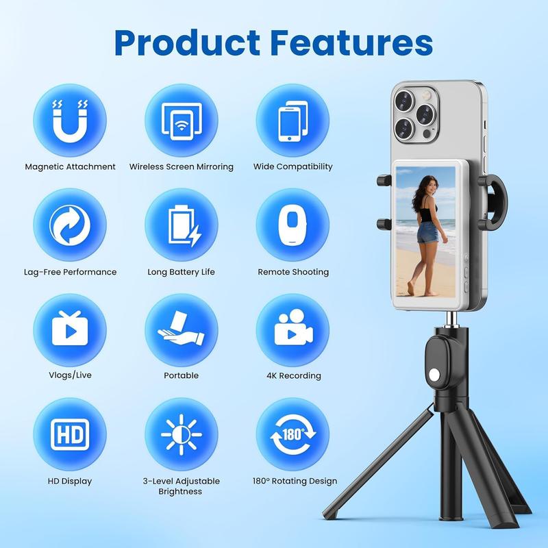 Meevo Magnetic Phone Vlog Monitor – 1080P Wireless Selfie Screen, Use Rear Camera for Live Streaming & TikTok (4K 30fps Wired, iPhone/Android Compatible)