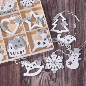 27Pcs Pieces Christmas Wooden Tree Decorations, White Silver Hanging Ornaments Set, Winter Holiday Party Snowflake Elk Snowman Decor Crafts