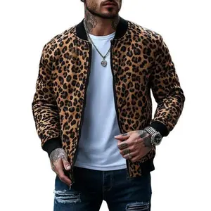 New European and American leopard print zipper jacket, men's autumn popular casual patch long sleeved jacket