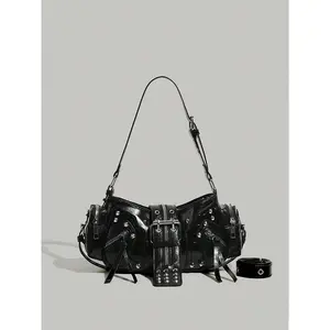 Women's black punk gothic biker style genuine leather shoulder bag, studded with multiple zipper design, Y2K hot girl street style personality crossbody/underarm bag.