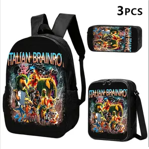 Italian Brainrot Meme 3-Piece Backpack Set, Viral Internet Print School Bag + Lunch Bag + Pencil Case, Oxford Cloth Adjustable Strap Daypack for Fans & Kids