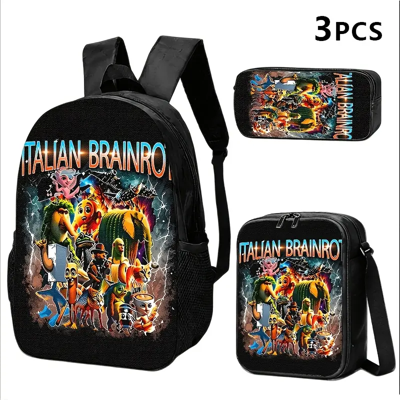 Kids' Meme Print School Backpack, 3-Piece Oxford Cloth Set with Thermal Lunch Bag & Pencil Case for Back to School Haul
