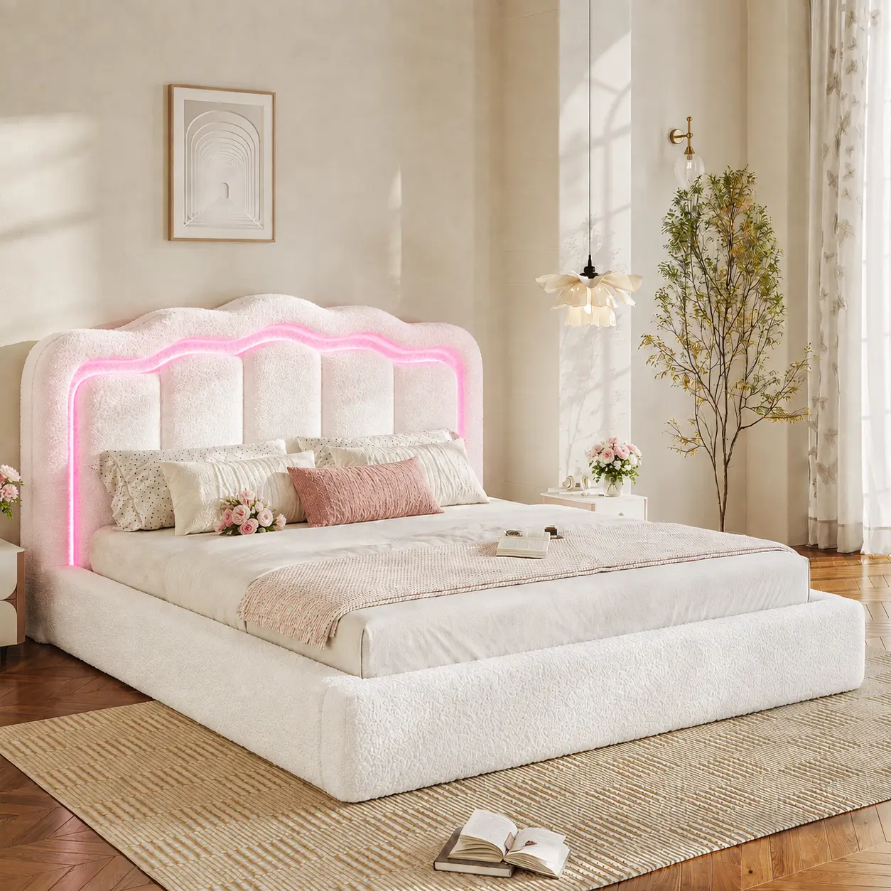Raybee Viral Cloud Bed Frame with LED Lights, Easy 20-Minute Assembly, Cloud-Shaped Bouclé Upholstered Platform Bed Frame with Headboard, 360° Thick Foam Padding, Floor-Hugging Design, 882 lbs Steel Support, No Box Spring Needed, Full Queen King Size Bed