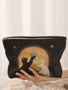 Cute Cat Print Corduroy Makeup Bag, Cartoon Style, Lightweight Multi-Functional Fashion Casual Cosmetic Pouch, Travel Organizer