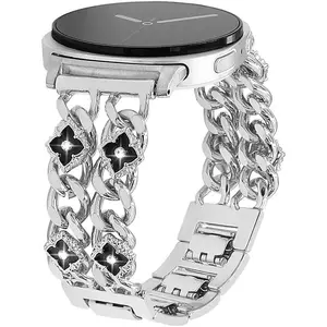 Metal Band Compatible with Samsung Galaxy Watch 8 40mm/44mm,Galaxy Watch 8 Classic 46mm,Clover Cuban Link Chain Cowboy Wristband Women