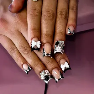 24Pcs Black French Tip Press on Nails, Nude Fake Nails with 3D Bow Rhinestone Flower Design, Glossy Reusable False Nails for Women Girls Party Date