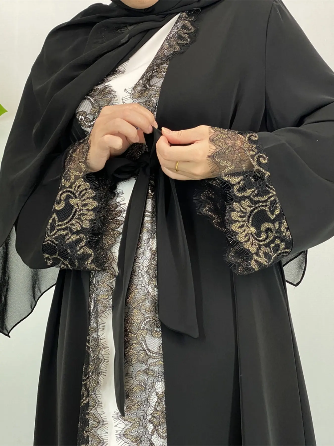[Including hijab not inner] Muslim Long Robe Fabric, Light Blue & Colors, Waist Belt & Pocket Design, Elegant Lace Detailing, Perfect for Ramadan
