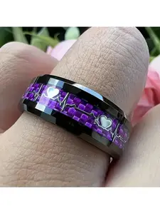 Black Heartbeat ECG Ring for Men Women, Stainless Steel/Black Ceramic/Tungsten Carbide, Colorful Inlay Love Heartbeat EKG Wedding Band, Comfort Fit Promise Anniversary Jewelry for Him Her