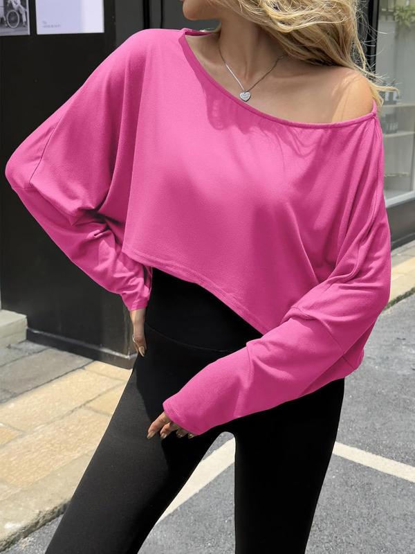 Fisoew Womens Off Shoulder Cropped Tops Batwing Long Sleeve Loose Fit Summer Boat Neck Workout T Shirts