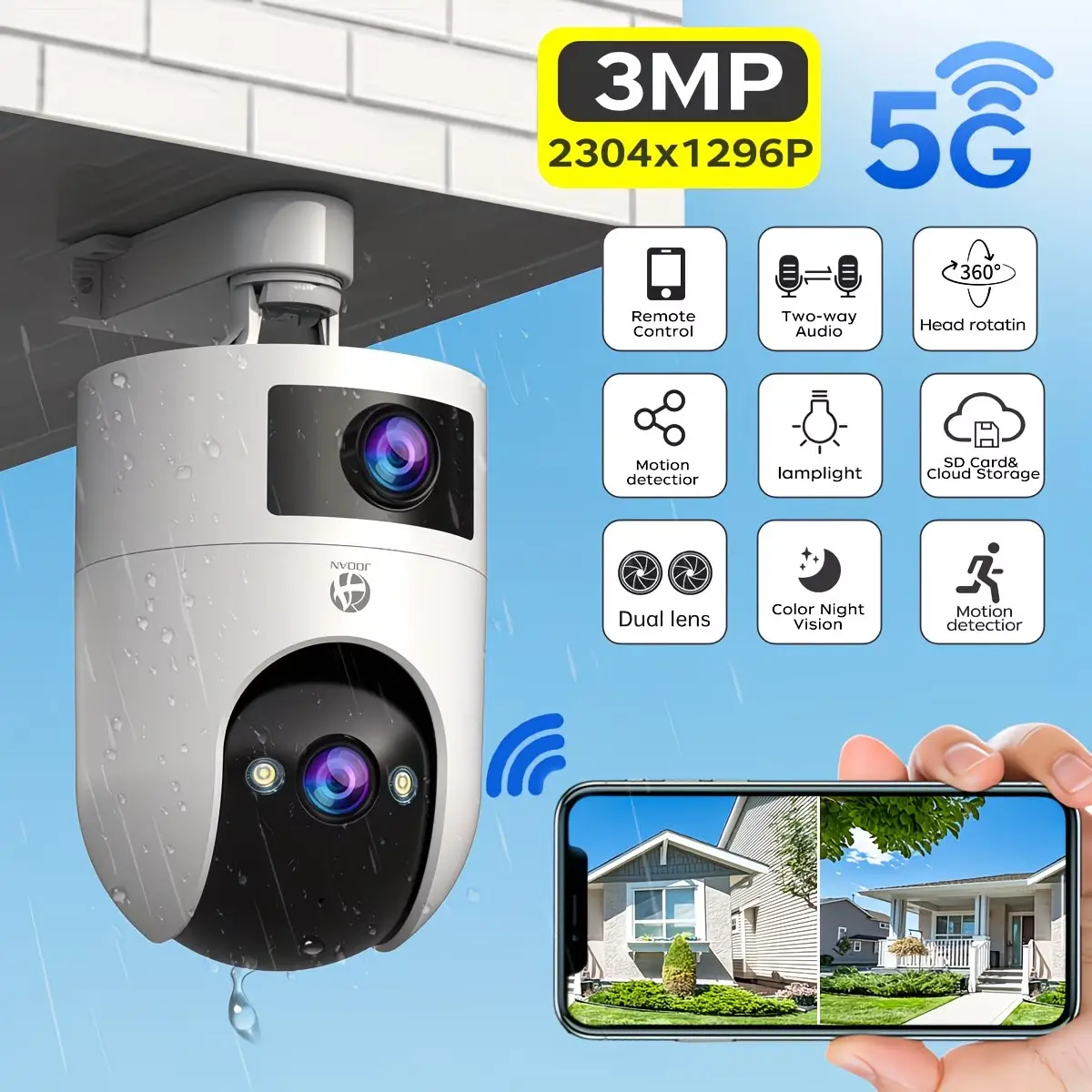 【JOOAN 2K HD 5G/2.4G WiFi Dual Lens Surveillance Camera】With Spotlight, Color Night Vision, Indoor/Outdoor Waterproof, 360° PTZ, AI Motion Detection, Two-Way Audio, No-Blind-Spot Coverage, Auto Tracking, Easy Installation, Suitable for Home/Pets/Stores