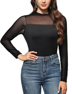 Elegant Black Mesh Long Sleeve Sheer Top for Women Round Neck See Through T Shirt Sexy Transparent Clubwear Party Blouse Casual Everyday Wear