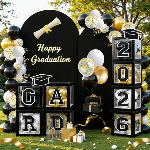 Unisex Plastic 2026 Graduation Ceremony Decoration Set - 4 Boxes (129 Pieces), Garland Kit, Photo-Ready Arch, Black-Theme Elegance, Festive Atmosphere Supplies for Any Grade Room Parties