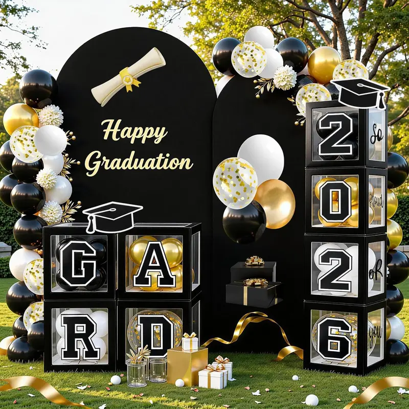 Unisex Plastic 2026 Graduation Ceremony Decoration Set - 4 Boxes (129 Pieces), Garland Kit, Photo-Ready Arch, Black-Theme Elegance, Festive Atmosphere Supplies for Any Grade Room Parties
