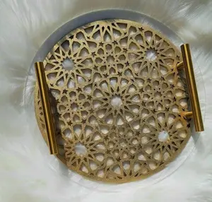 Islamic Pattern Wooden Sweets Tray With Acrylic Top - Gold-Ramadan-Eid Tray