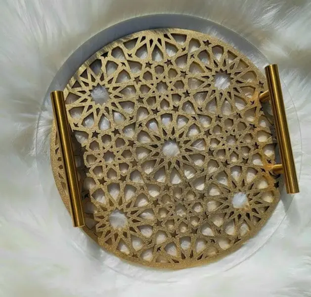 Islamic Pattern Wooden Sweets Tray With Acrylic Top - Gold-Ramadan-Eid Tray