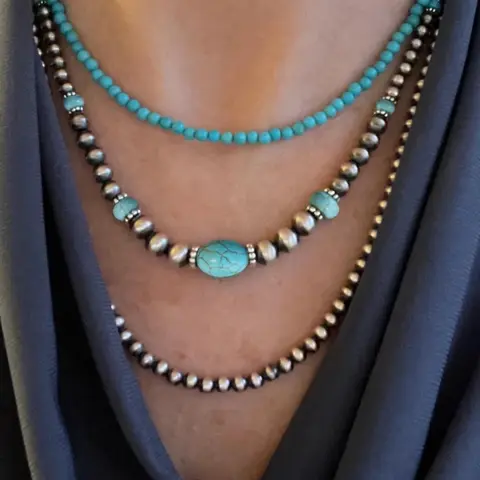 Vintage Turquoise Texture Boho Style Beaded Necklace, Fashionable Adjustable Beaded Necklace for Women & Men for Party, Daily Clothing Decor, Trendy Clean Girl Jewelry for Birthday Gift, Adjustable Beaded Design, Bead Necklaces