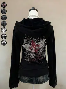 Women's Vintage Punk Streetwear Jacket, Y2K Style Wing Cross Graphic Print, Slim Fit Hoodie for Fall & Winter