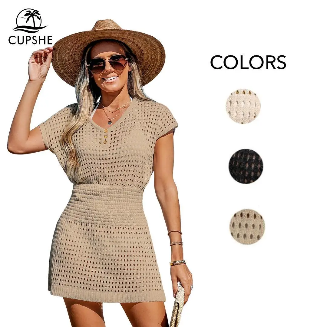 CUPSHE Casual Comfort Women's Swimwear Hollow Out Crochet Beach Cover Up Summer Dresses V Neck Swimsuit Short Sleeve Summer Womenswear Bathing Suits