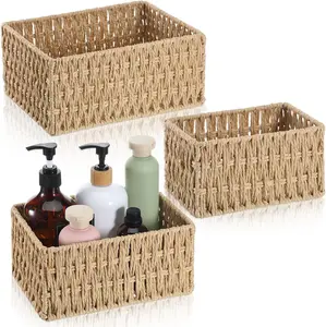 3 Pack Hand-Woven Paper Rope Wicker Baskets for Organizing, Toilet Tank Storage Basket for Bathroom, Toilet Paper Storage Basket for Toilet Tank Top and Shelves