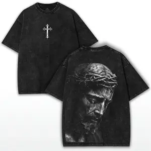 shirts Jesus Christ Cry Washed T-Shirt: Christian Streetwear, Oversized Faith Tee Top Tshirt Shortsleeve Tropical Casual Crewneck Menswear Man