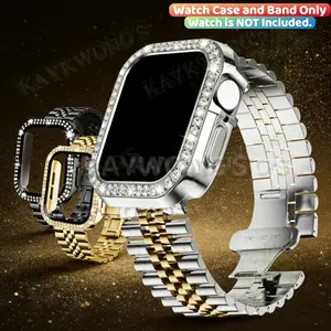 KAYKWONG'S 2 in 1 Set, Include 1 Stainless Steel Metal Solid Band + 1 Watch Protective Imitation Diamond Case, Adjustable Fit for Iwatch 11/10/9/8/7/6/5/4/3/2/1 Series, 40/41/42/44/45/46/49mm Size, Smart Watch Accessories