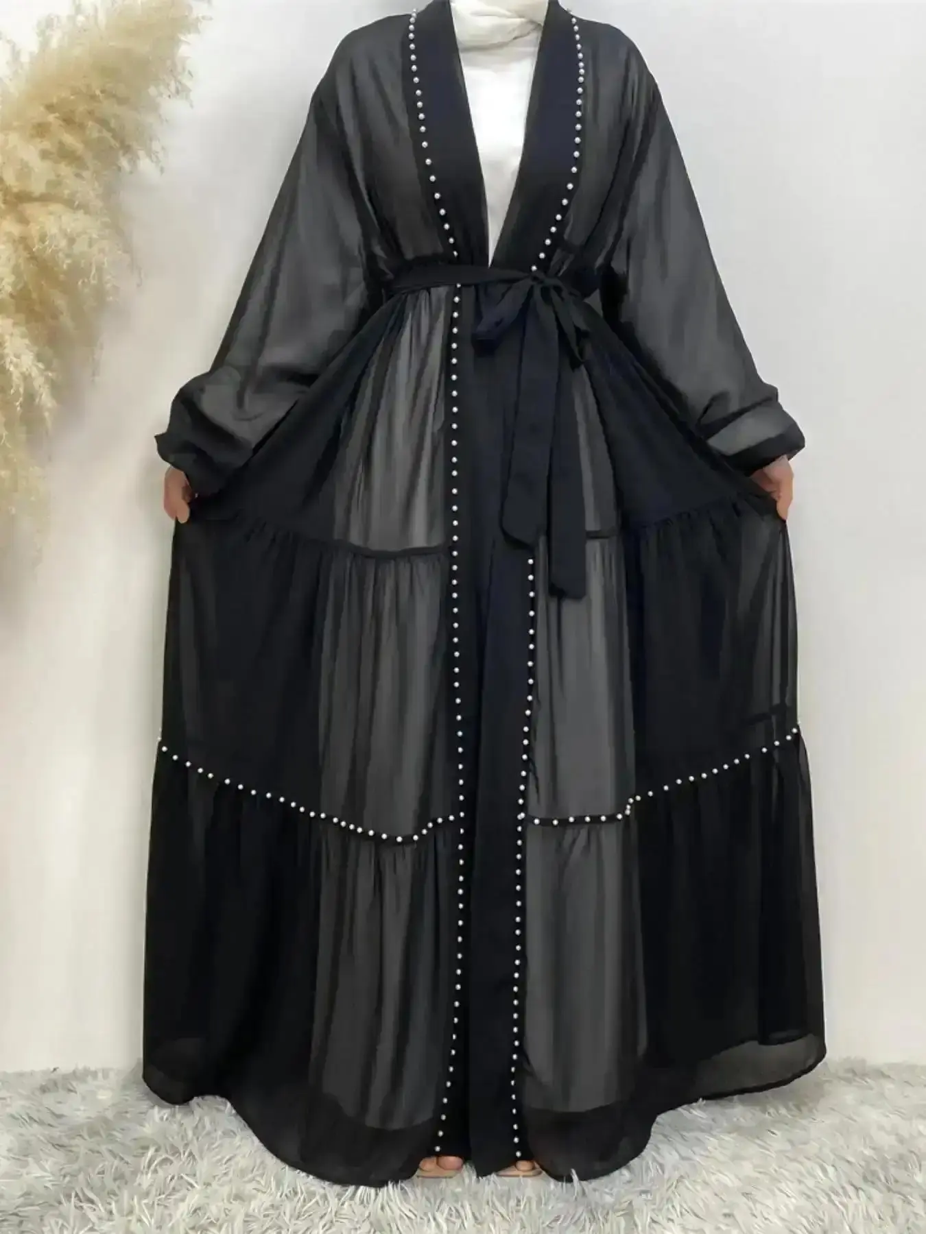 Latest Women's Solid Color Pearls Decor Chiffon Abaya, Modest Fashion Long Sleeve Open Front for Daily Wear, Islamic Clothing for Spring and Fall, Perfect for Daily Outfits, Great for Casual Wear