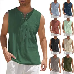 2025 New Men's Sleeveless Top Medieval Eyelet Tie Stand Collar Men's Pullover ShirtNeutralversatile
