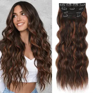 Summervibes Clip in Synthetic Highlight Hair Extensions Long Wavy 4PCS Thick Hairpieces Synthetic Fiber Double Weft Natural Hair Extensions 20 Inch 190g for Women