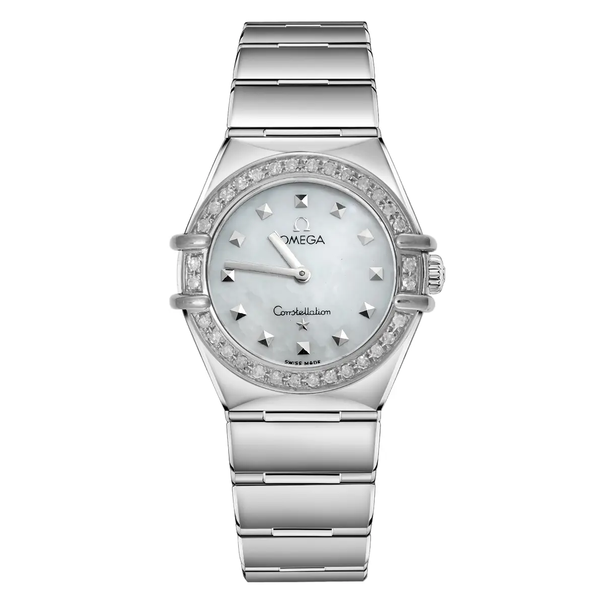 Omega Constellation 25.5mm 1572.30.00 Quartz Stainless Steel Watch with Aftermarket White Mother of Pearl Dial and Diamond Bezel WHP040409