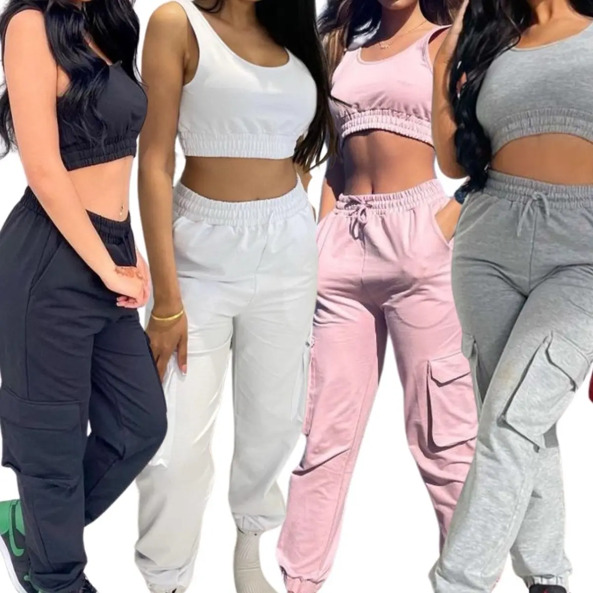 Top & Cargo Jogger Lounge for Two Pieces Set Elastic Womenswear Comfortable Comfort Overalls Pants Day Fit Suits Soft Underwear Basic Minimalist Short Sleeveless Fabric Pockets Lady pretty girl lounge set pretty girls set