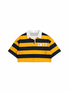 Vintage College Style Colorblock Striped Crop Polo Shirt, American Street Chic Casual High Waist Loose Fit Half Sleeve Blouse