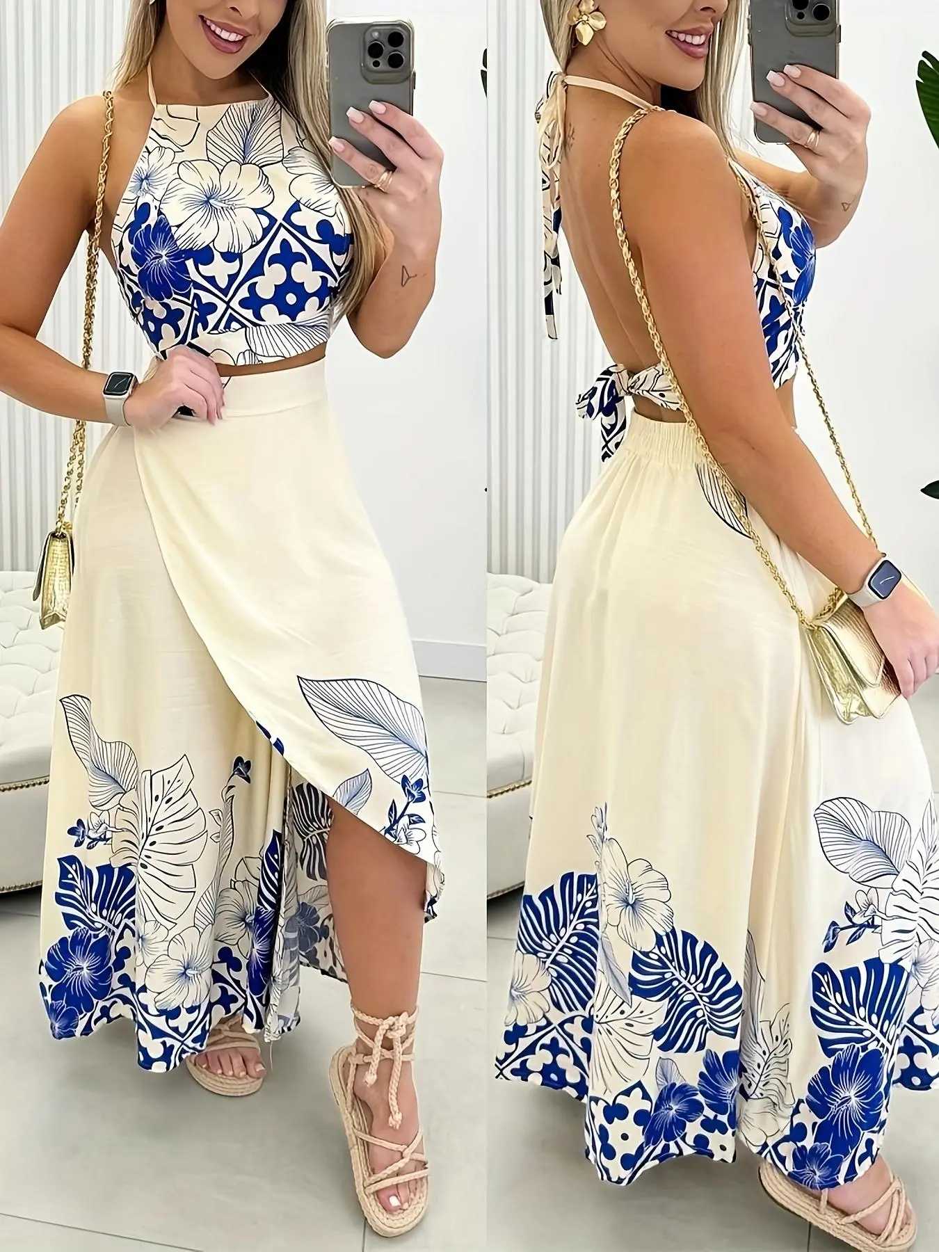 Women's Summer Leaf Print Casual Bohemian Boho Half-Sleeve Woven Top & Skirt Set, Slim-Fitting Two-Piece Outfit for Travel Beach Vacation, Womenswear, Garment, Clothes
