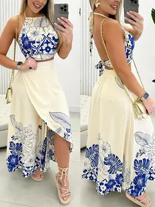 Women's Summer Leaf Print Casual Half-Sleeve Woven Top & Skirt Set, Slim-Fitting Two-Piece Outfit for Travel Beach Vacation