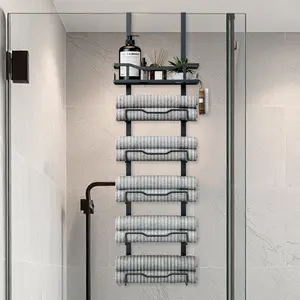 Aetyord 6-Tier Over Door Towel Rack with Storage Basket – No Drill! Black Metal Organizer for Rolled Towels, Great for Small Bathrooms, RVs & Campers