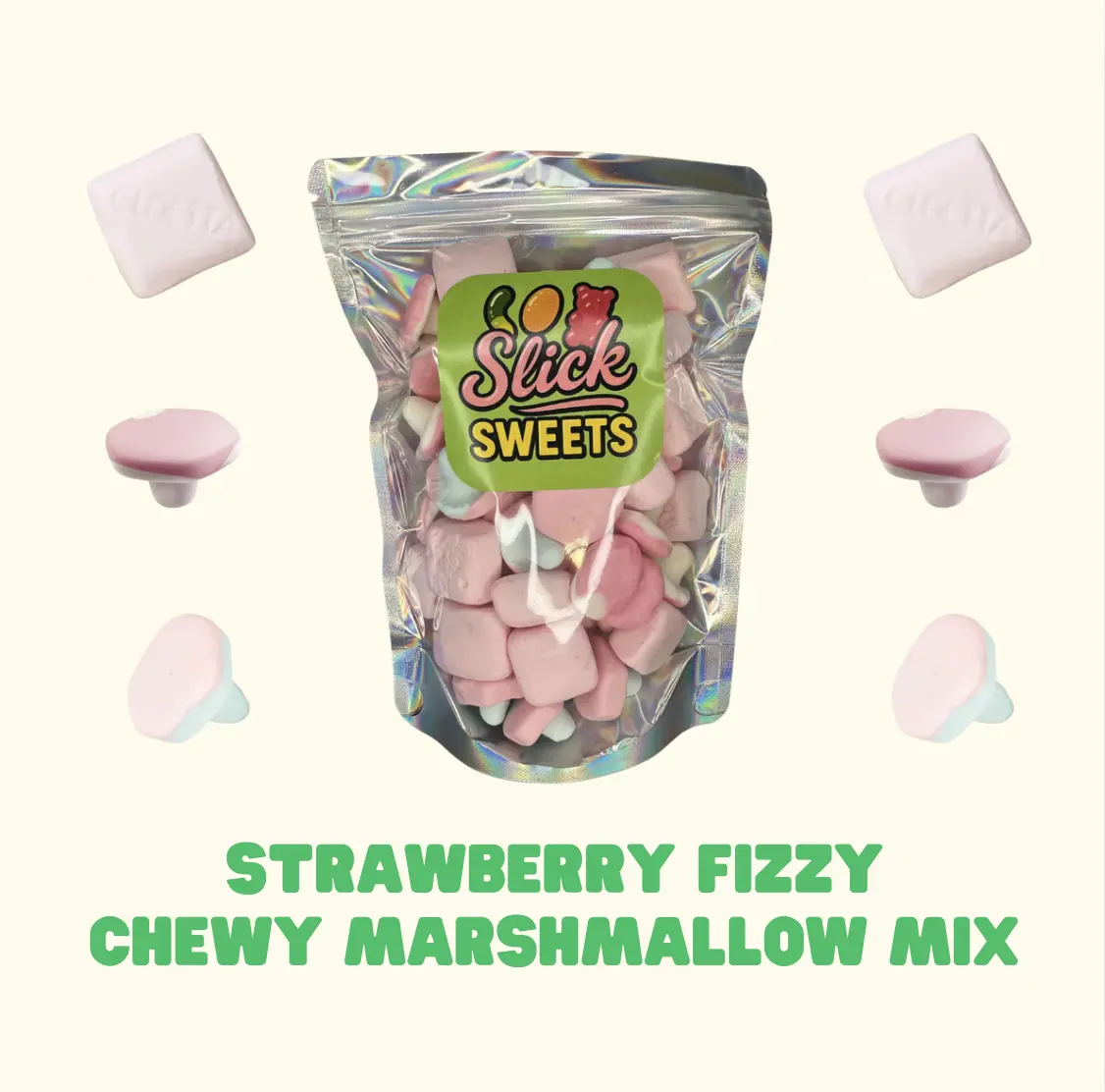 Strawberry Swedish Fizzy Chewy Marshmallow Trifecta 1/4lb 1/2lb 1lb Size Soft Chewy Malaco Marshmallows in Iridescent Bag