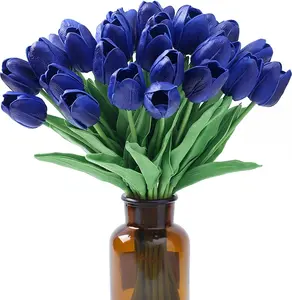 15 Pcs Tulips – Fake Blue Artificial Flowers, Real Touch 14" PU Flower for Home Décor, Spring, Easter, Wedding Bouquet, Floral Arrangements (Deep Blue)