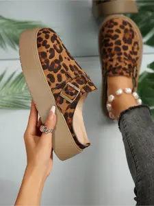 Leopard Print Platform Mules for Women  Buckle Strap Slip-On Chunky Sole Slippers Casual Fashion Shoes