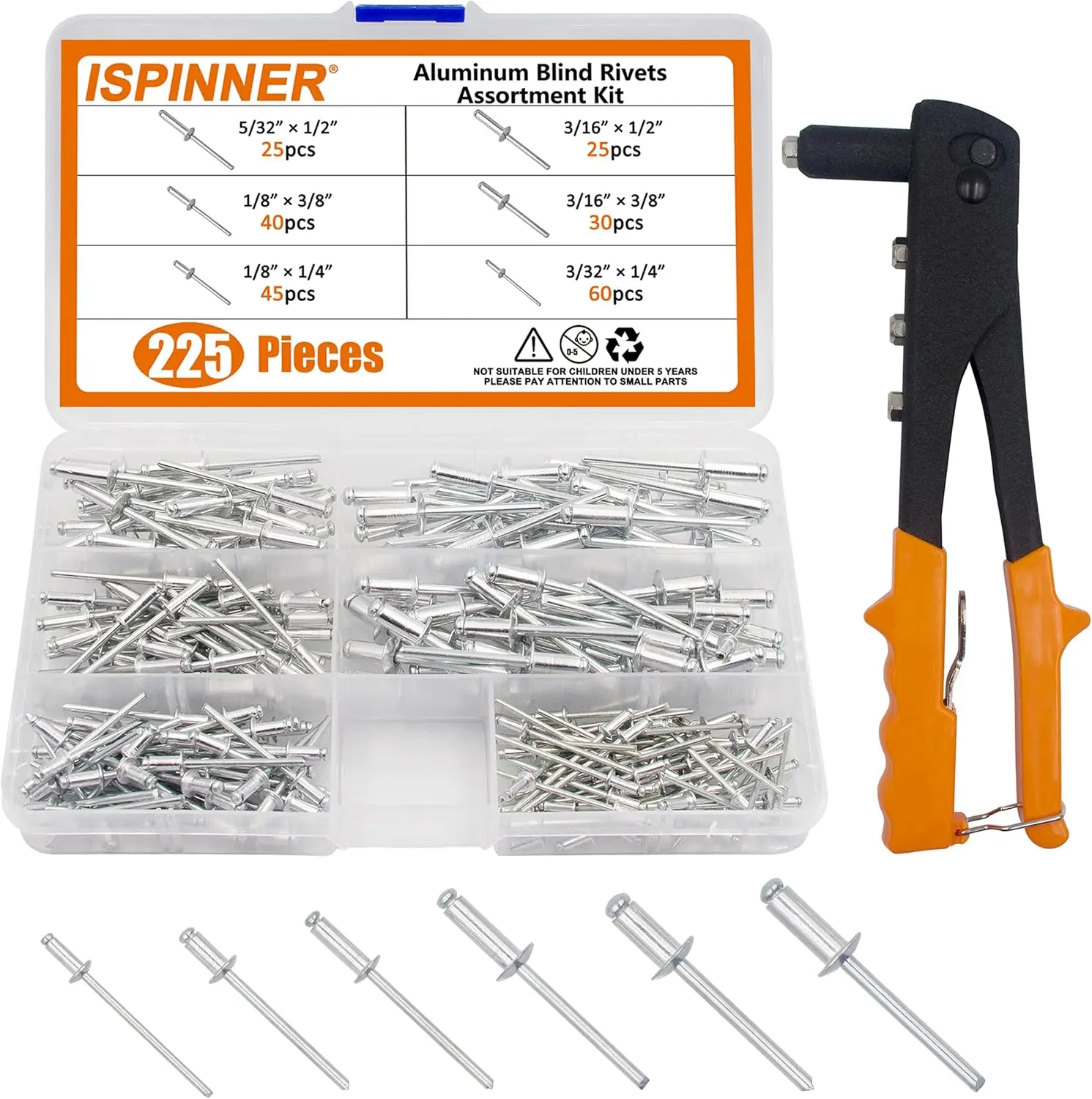 225pcs Aluminum Blind Rivets Assortment Kit with Duty Hand Riveter Rivet Gun Tool, 6 Sizes Pop Rivets