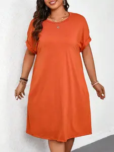 Elegant Plus Size Women's T-Shirt Dress, Round Neck Loose Fit Fashionable Short Sleeve Pure Color, Casual Stylish Clothing
