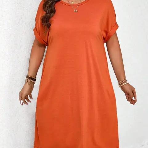 Elegant Minimalist Plus Size Women's T-Shirt Dress, Round Neck Loose Fit Fashionable Summer Short Sleeve Solid Pure Color, Casual Wear Stylish Clothing, Beach Summer Dress
