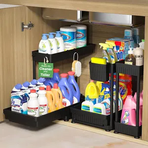 3 Pack Multi-Purpose Pull-Out Storage Organizers, 2-Tier L-Shaped Under Sink/Cabinet Organizers and Storage for Bathroom & Kitchen, Black, 12.85 Inches