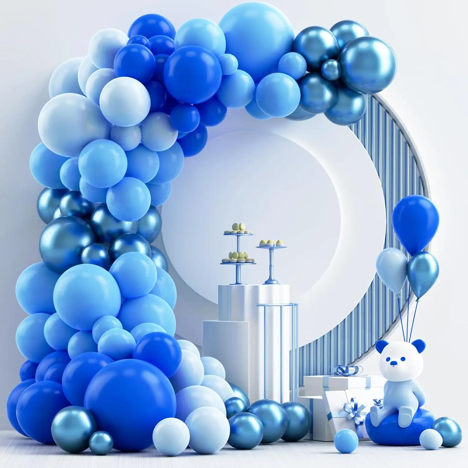 124-Piece Blue Balloon Garland Kit with Light Blue, Royal Blue & Metallic Balloons in Various Sizes for Baby Showers, Birthdays, Nautical & 4th of July Parties