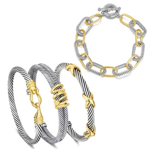 Aprilery Trendy 4PCS Twisted Cable & Chain Link Jewelry Set – Stackable Knot & Hook Bangle Bracelets for Women