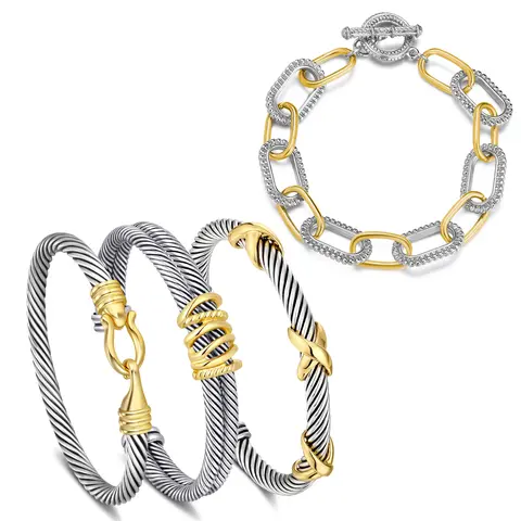 Aprilery Trendy 4PCS Twisted Adjustable Cable & Chain Link Jewelry Arm Candy Set – Stackable Knot & Hook Turquoise Bangle Bracelets for Women Perfect Everyday Jewelry Gold & Silver Bracelets