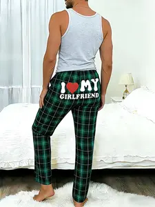 "I ❤️ MY GIRLFRIEND" Plaid Pajama Pants (2 Colors), Red & Green Plaid Elastic Waist Casual Bottoms, Comfy Loungewear for Home & Relaxation, Trendy Cute Sleep Pants