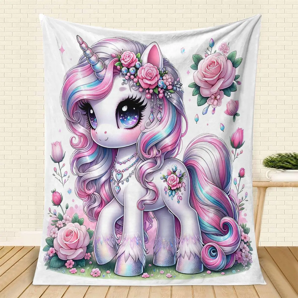 Unicorn & Flower Pattern Air-conditioning Room Blanket, Trendy Casual Soft Throw Blanket, All Season Breathable Comfortable Blanket, Comfy Bedding for