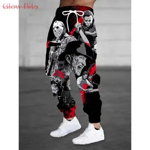 [Horror-Themed Print Joggers] Red & Black 3D Horror-Themed Print Drawstring Joggers - Casual & Sporty Polyester Sweatpants with Pockets, Machine Washable