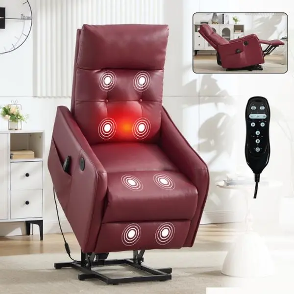 Single Motor Power Lift Recliner Chair with Massage and Heat for Living Room, Synthetic Leather Upholstery with USB Charging Port and Side Pockets for Seniors,Red