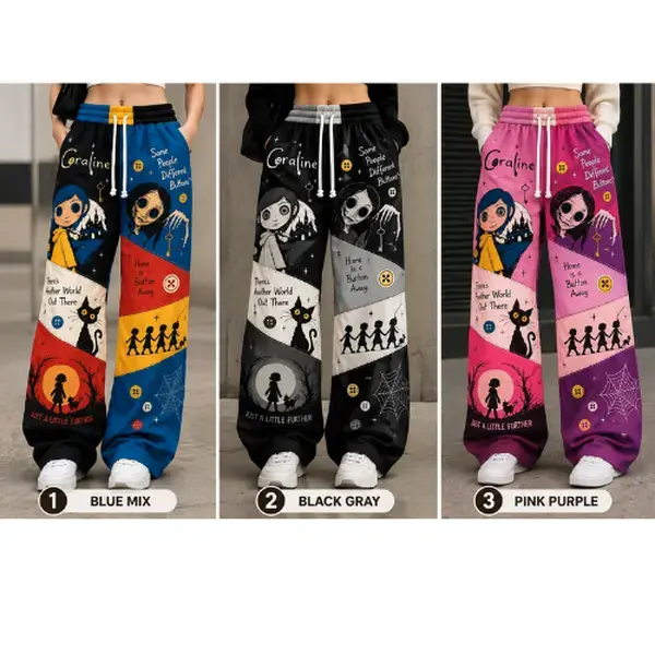 Coraline Inspired Wide Leg Pants, Gothic Patchwork Joggers, Black Gray & Pink Purple Halloween Sweatpants, Spooky Movie Fan Gift