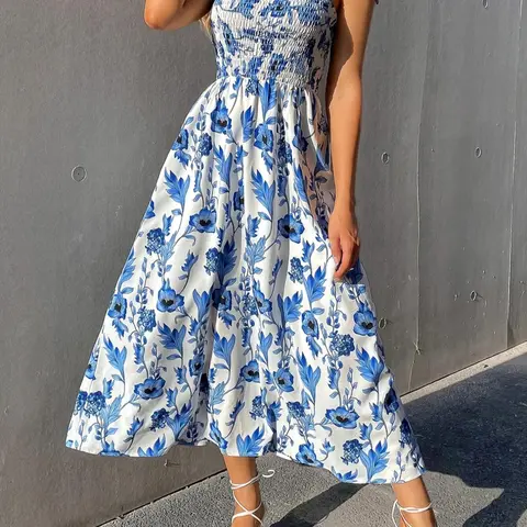 Women's Floral Print Ruched Shirred Tank Dress Bohemian Boho Fashion Sleeveless Knot Shoulder A Line Dress for Beach Vacation Holiday, Ladies Dress for Summer